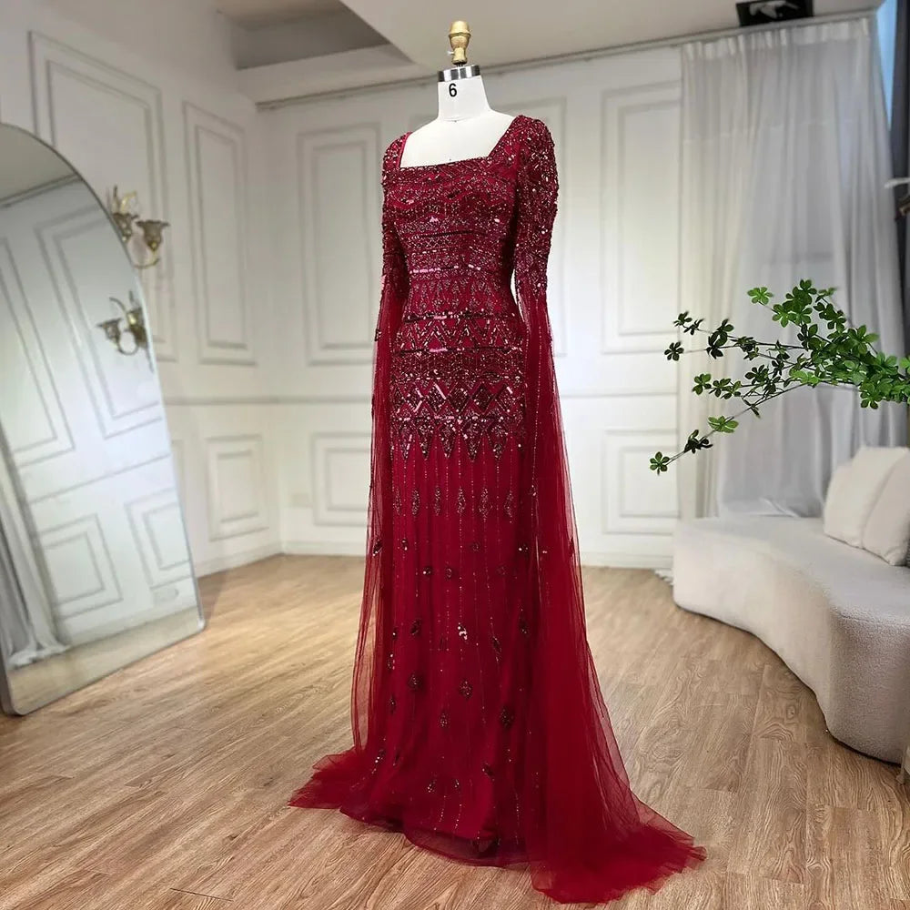 Square Neck Mermaid Evening Dress with Beaded Cape Sleeves