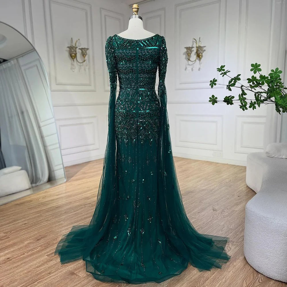 Square Neck Mermaid Evening Dress with Beaded Cape Sleeves