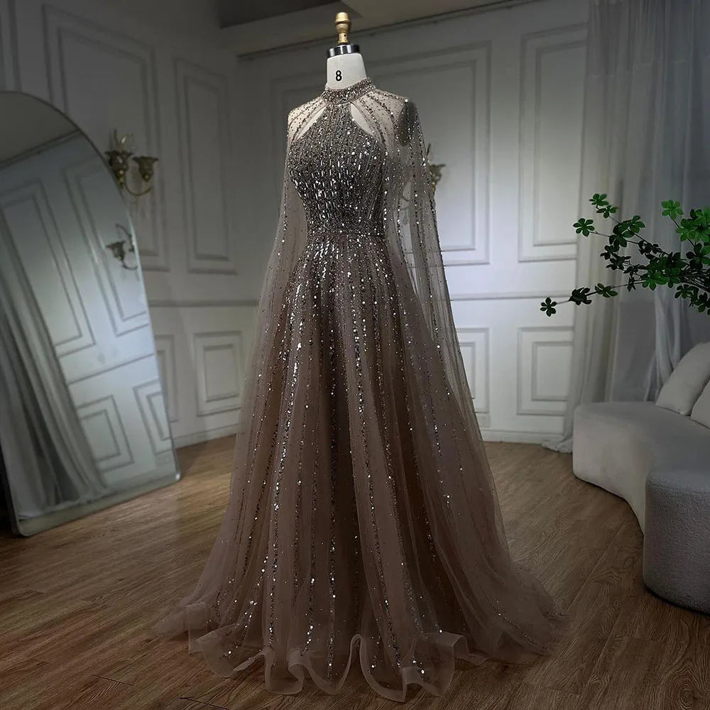 A-Line Evening Dress with Cape Sleeves – Beaded Formal Occasion Gown